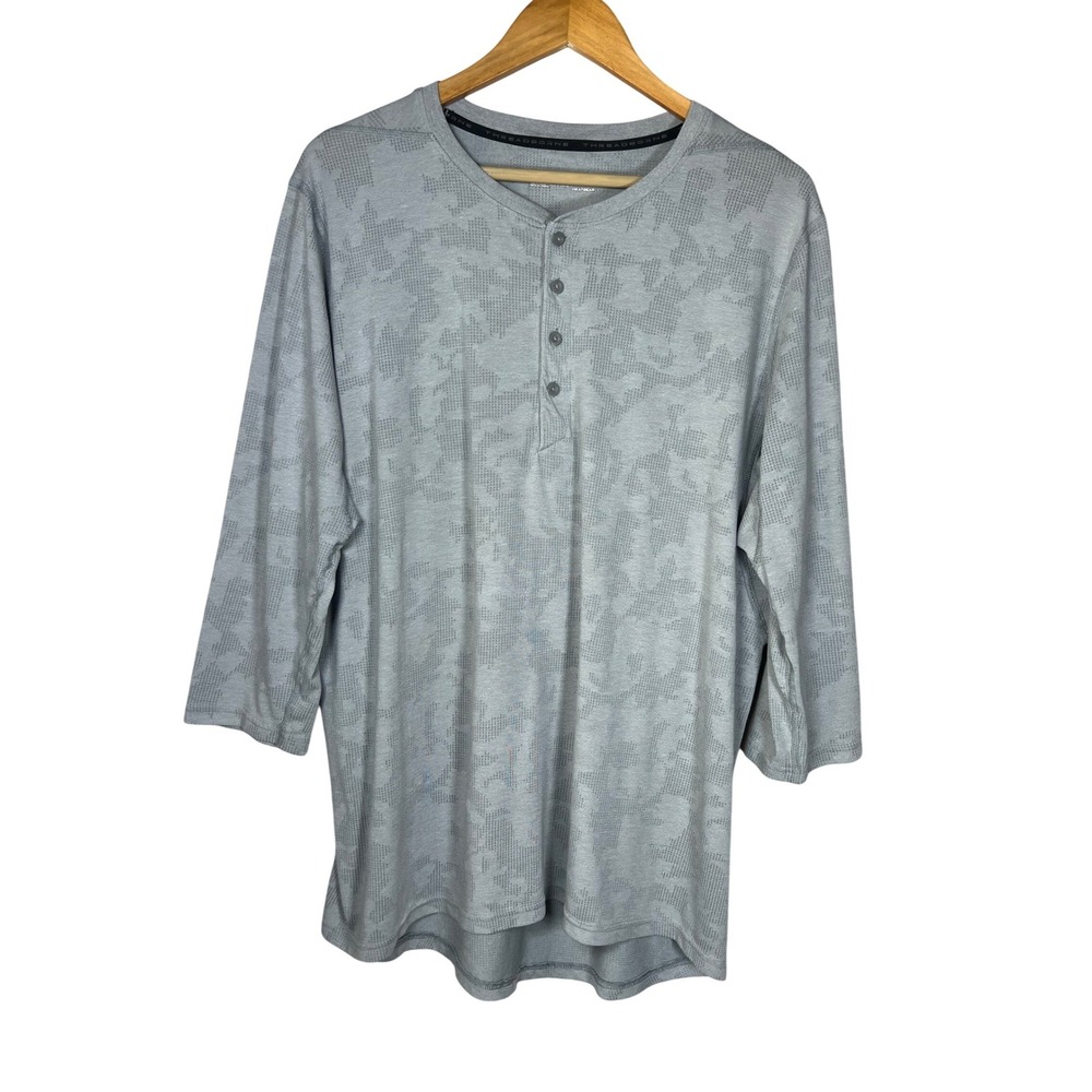Under Armour Threadborne HeatGear Henley Shirt Mens 2XL Gray Camo 3/4 Sleeve